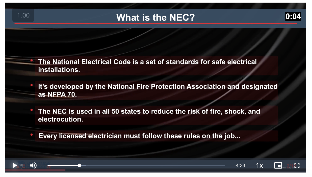 Professional video content explaining National Electrical Code NEC standards in All American Tradesman CE courses